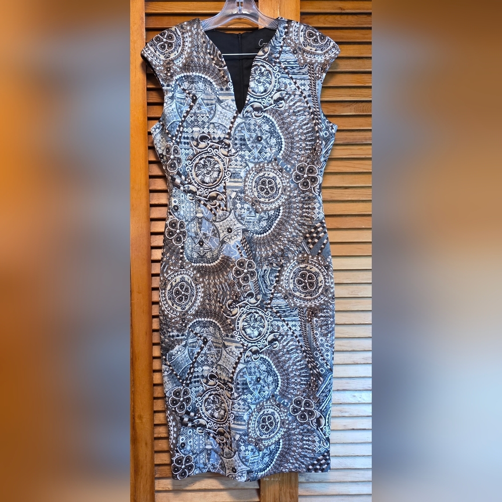 Connected Apparel Geometric Puff Print Sheath Dress Brown, Black Women's Size 10